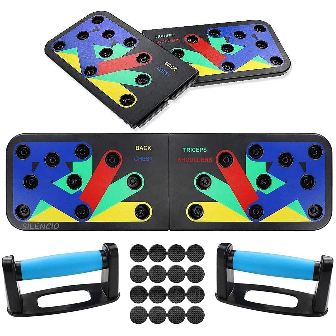 SILENCIO 14 in 1 Body Building Push Up Rack Board Fitness Equipment Home Practice Chest Muscle Arm Muscle Color Coded Combo Positions for Exercise – Portable Gym Accessories for Men, Women and Adults