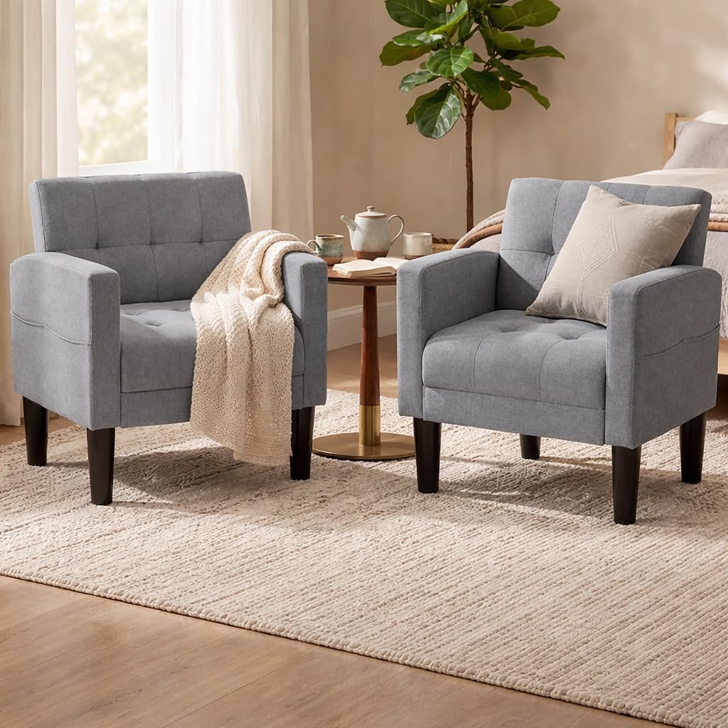 ROCSUMOO Armchair Modern Upholstered Linen Fabric Accent Chair,Tub Chair with Thick Cushion, Comfy Lounge Chair for Livingroom/Bedroom/Apartment/Office(Light Gray 2PCS)