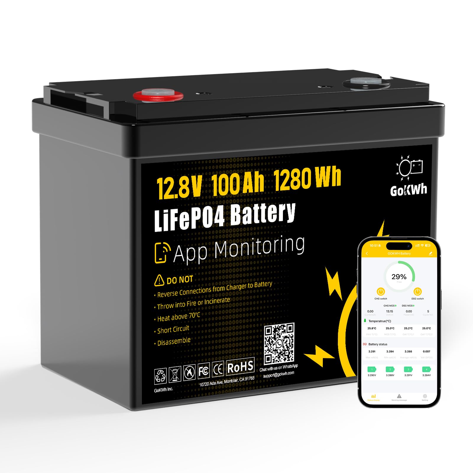 12V 100Ah Group24 LiFePO4 Lithium Battery with Smart APP, Bluetooth 5.0 Rechargeable 1280Wh Battery, 100A BMS Up to 4000 Deep Cycle for RVs, Trolling Motor, HomeBackup and Off-Grid