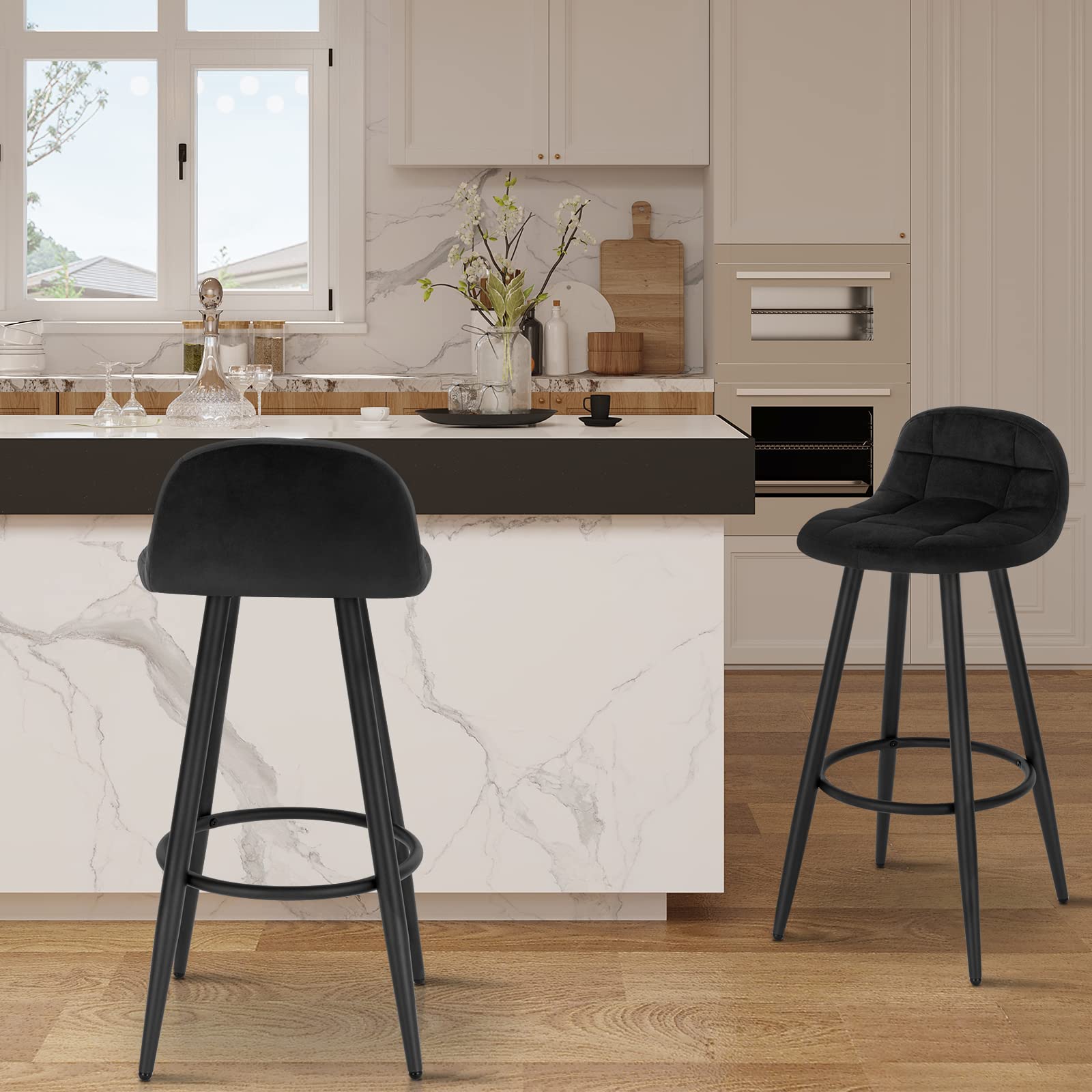 WOLTU Juego de 2 Taburetes Altos de Cocina con Respaldo y Reposapiés, Asiento Tapizado en Terciopelo, Patas Metálicas, Altura de Asiento 70 cm, Negro