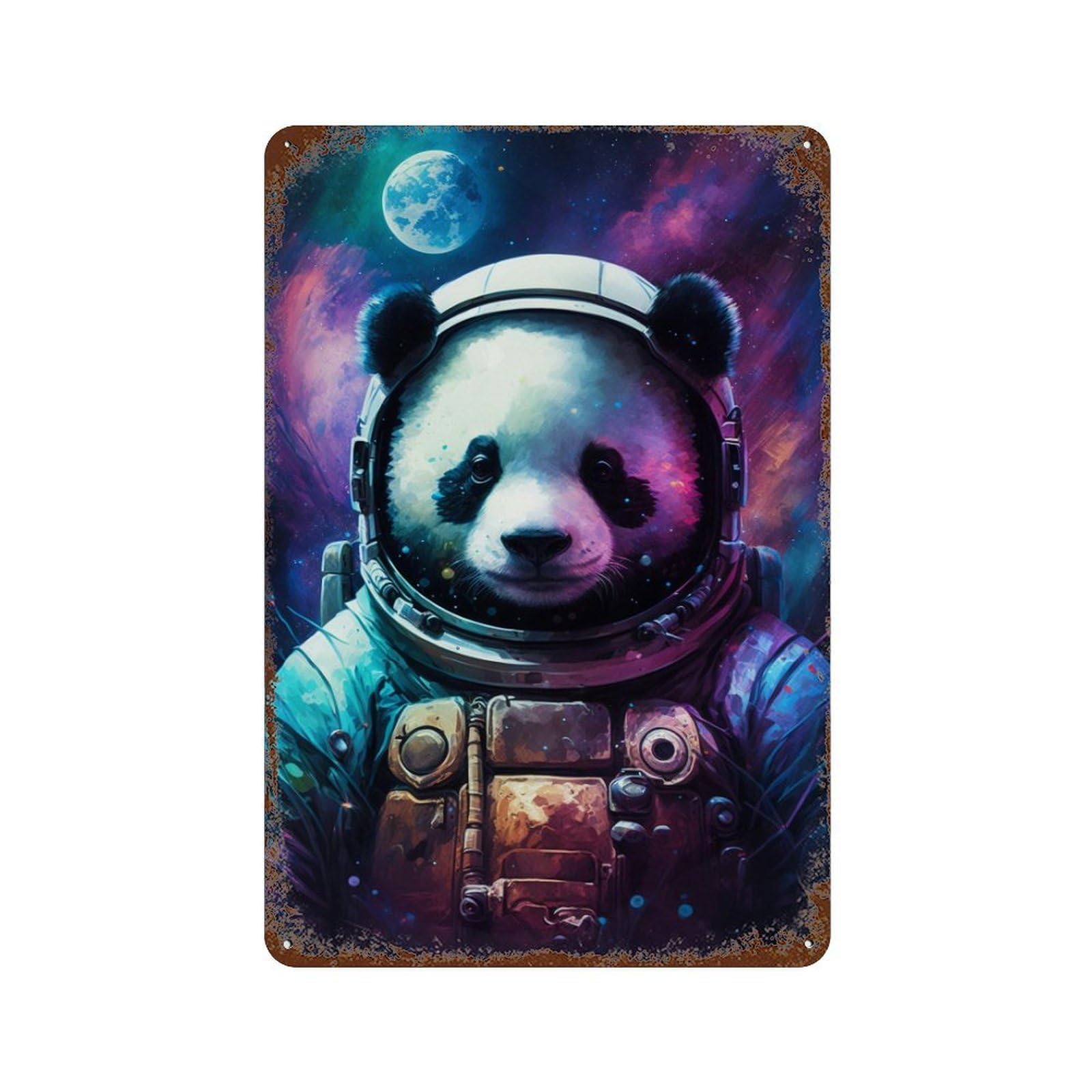 Panda Astronaut Space Art Print-3 11.8"x7.9" Rustic Tin Plaque, Novelty Wall Decor for Bistro, Counter And Cafe Decor