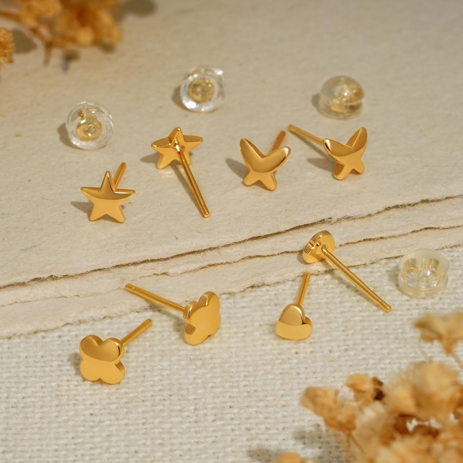 BENEIGE 4 Pairs Small Stud Earrings Set for Women Men | 14K Gold Plated Women Earrings Set Multiple Piercings | Cross Cartilage Earrings | Butterfly Helix Piercing Earrings | Windmill Snowflake Fox Airplane Star Heart Cloud Flower Earrings - Image 6