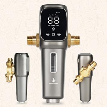 Automatic Spin Down Sediment Filters 40 Micron, Touch-Screen Auto Flushing and Drainage, 360Rotatable Head, Reusable Whole House Water Filter, 1" MNPT + 3/4" FNPT, Gray