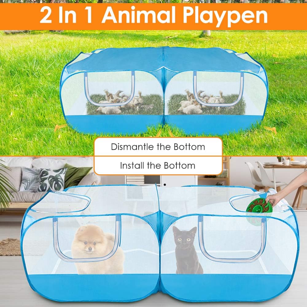 Small Animals Playpen, 2 in 1 Portable Large Chicken Run with Detachable Bottom Breathable Transparent Mesh Walls Foldable Pet Enclosure for Puppy Kitten Rabbits Indoor Outdoor Playing (Blue)