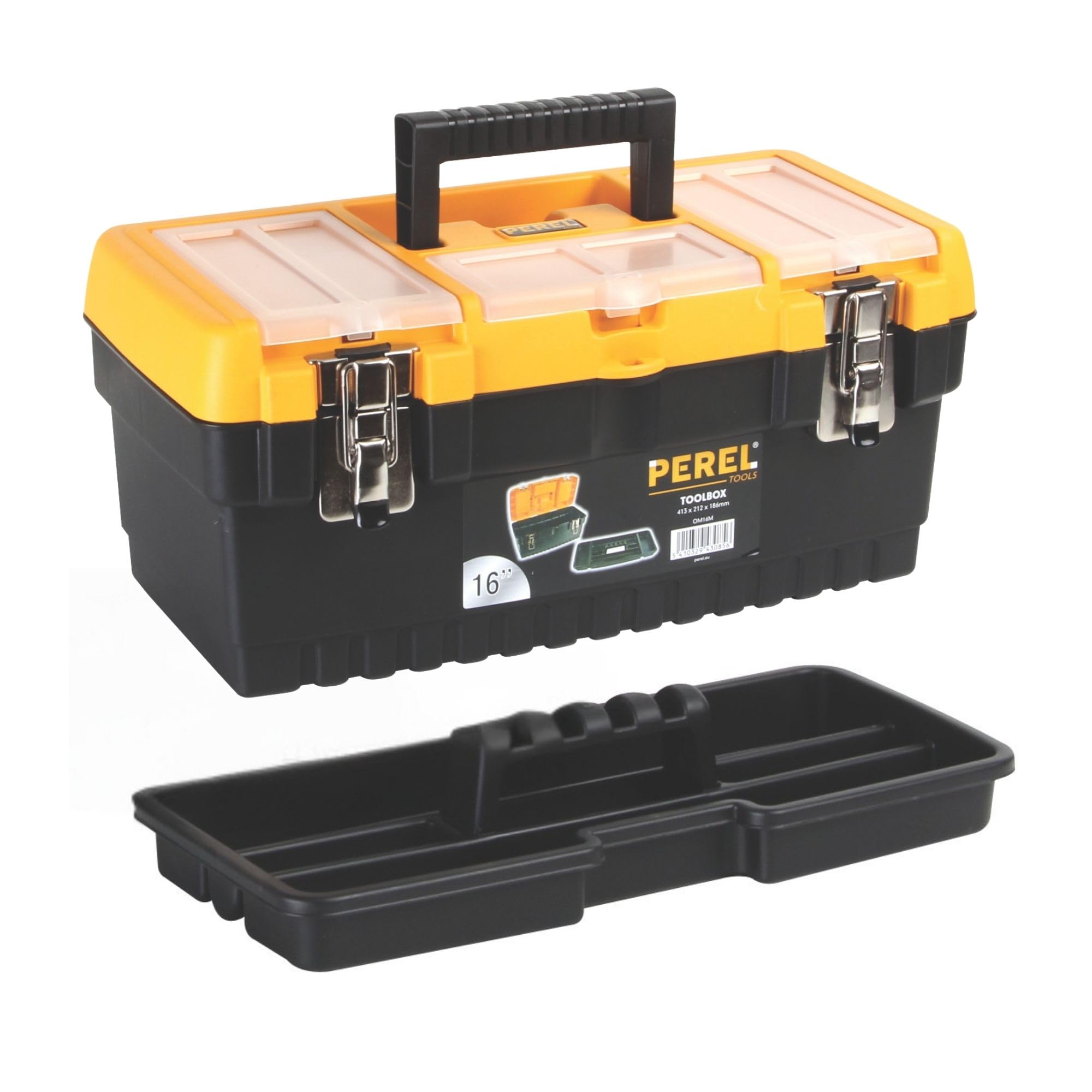 Perel 16.2L Tool Box with Removable Tray and 3 Organizers in the Lid, Plastic Toolbox with Metal Locks and Folding Handle, Tool Case 41.5 x 21 x 18.5 cm