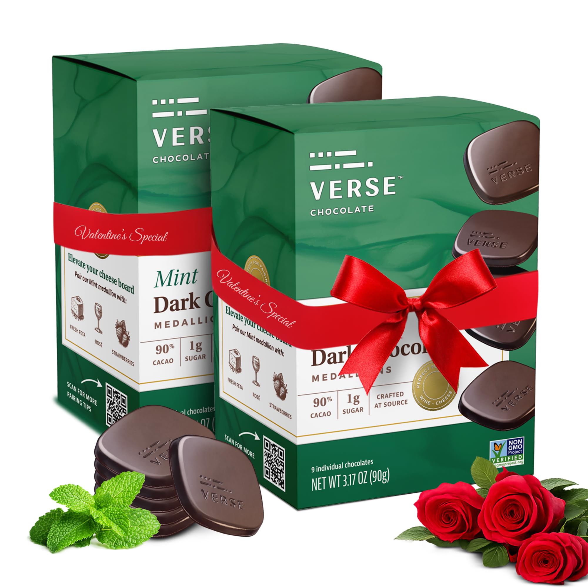 Verse 90% Dark Chocolate Mint Squares - Only 1g Cane Sugar - Creamy Dark Cocoa - Individually Wrapped Cacao Chocolate Squares (9 Count, 2 Pack)