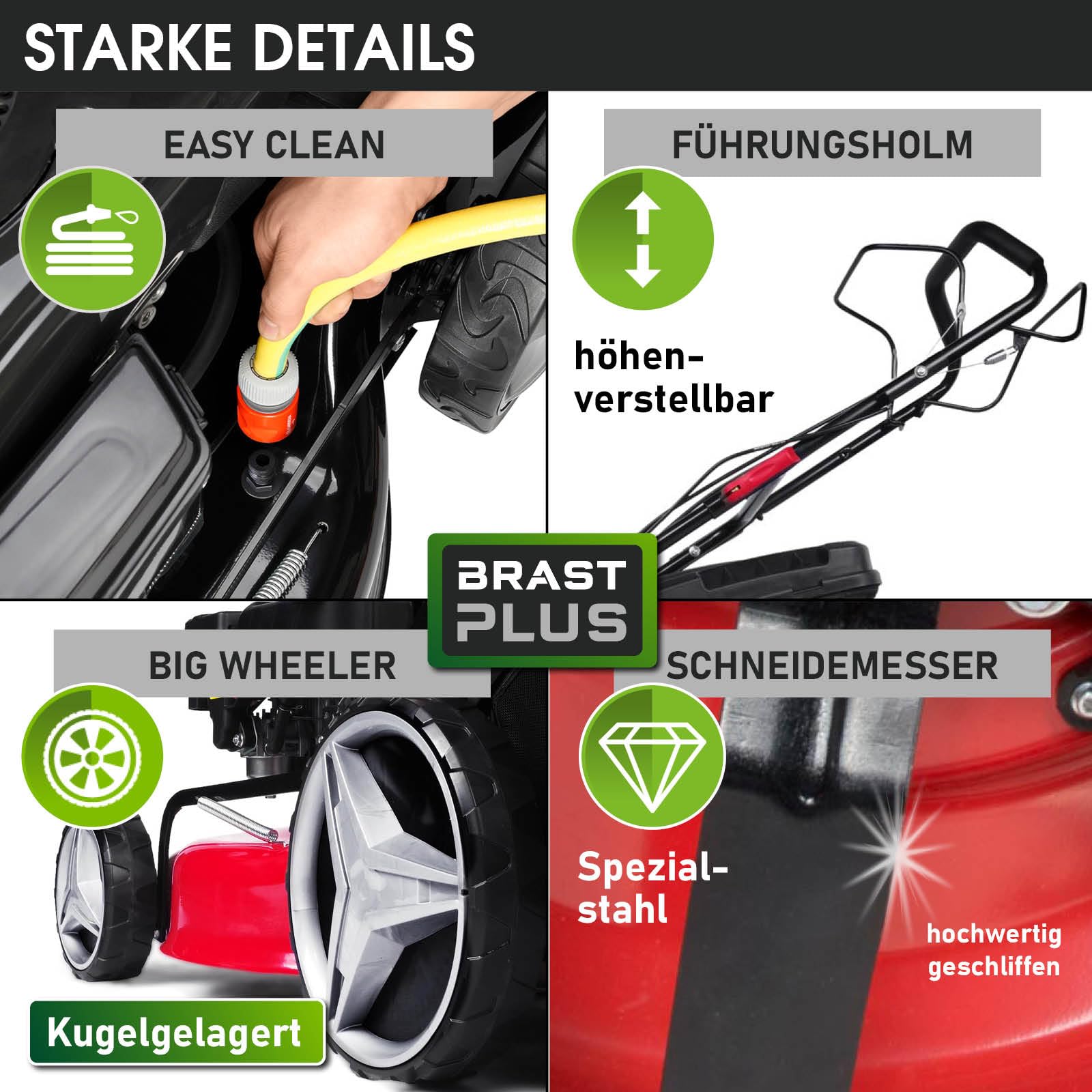 BRAST Benzin Rasenmäher mit Antrieb | 3,5kW (4,76PS)-5,2kW(7PS) | 46-51cm Schnittbreite | viele Modelle | TÜV | 4 Takt OHV Motor | 30-80mm Schnitthöhe | 60L Fangkorb | Stahlgehäuse | RED LINE 4,76PS