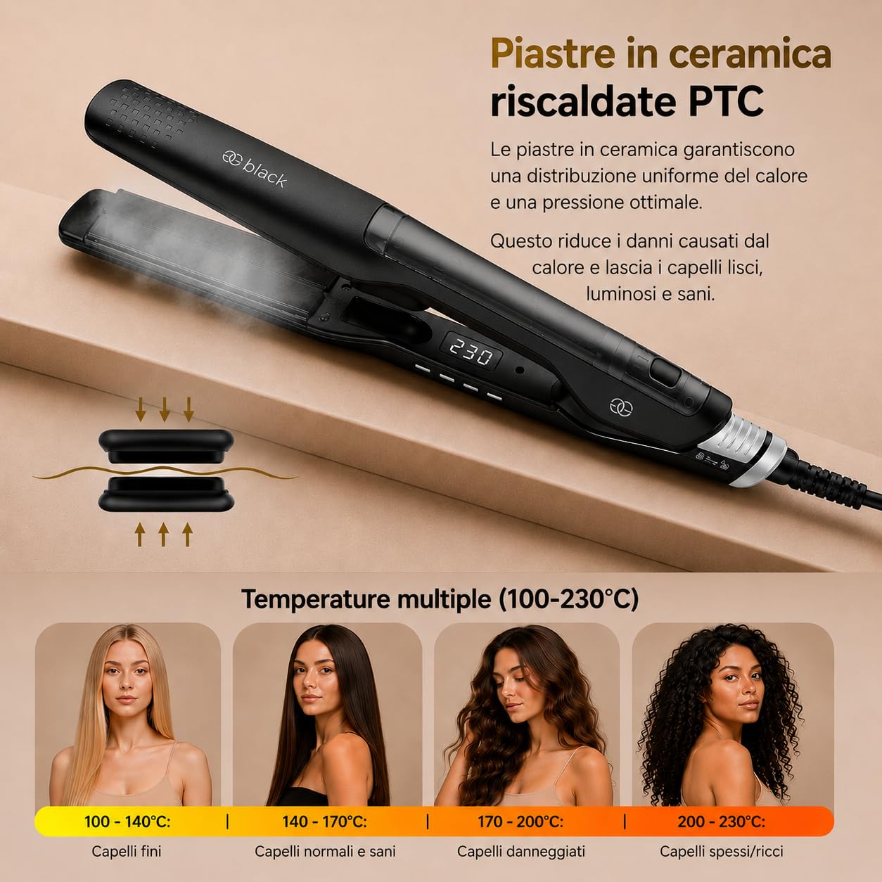 Golden Goods Piastra per capelli 2 in 1 Steampod Pro Vapore potente, Steampod Black Edition per capelli lisci e ricci, piastra capelli