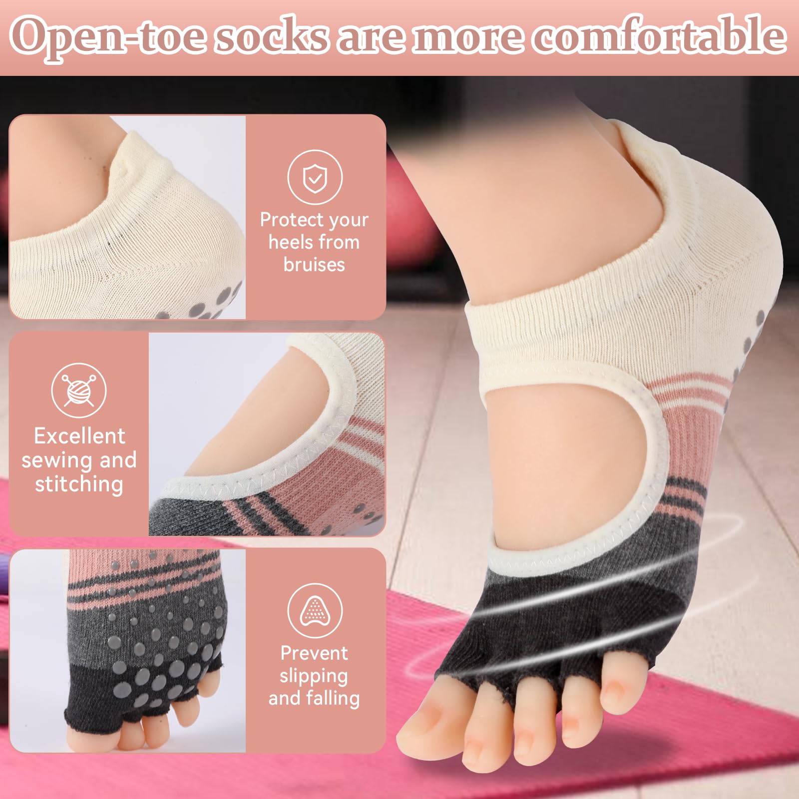 BERVASTO Pilates Socks with Grips for Women,Yoga Socks, Non-Slip Yoga Socks with Toe Separators, Pilates Non Slip Socks (US, Alpha, One Size, Regular, Short, 3, pink blue green)