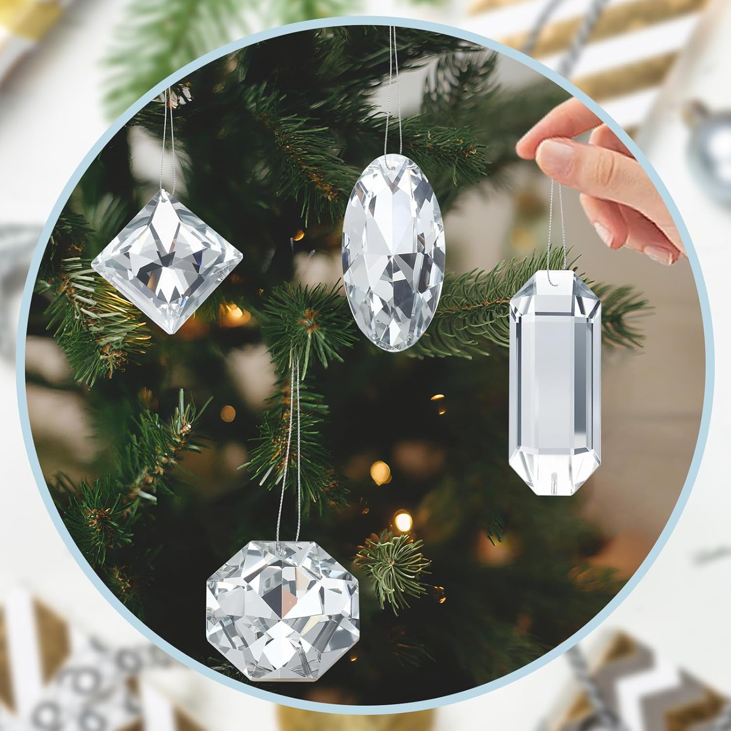 8 Pack Jewel Ornaments 1.2" - 3.5" Crystal Jewel Hanging Decorations for Christmas Tree Glitter Gemstone Ornaments Rectangle Square Oval Rhombus for Home Wedding & Holiday Party Decor(Silver) - Image 7