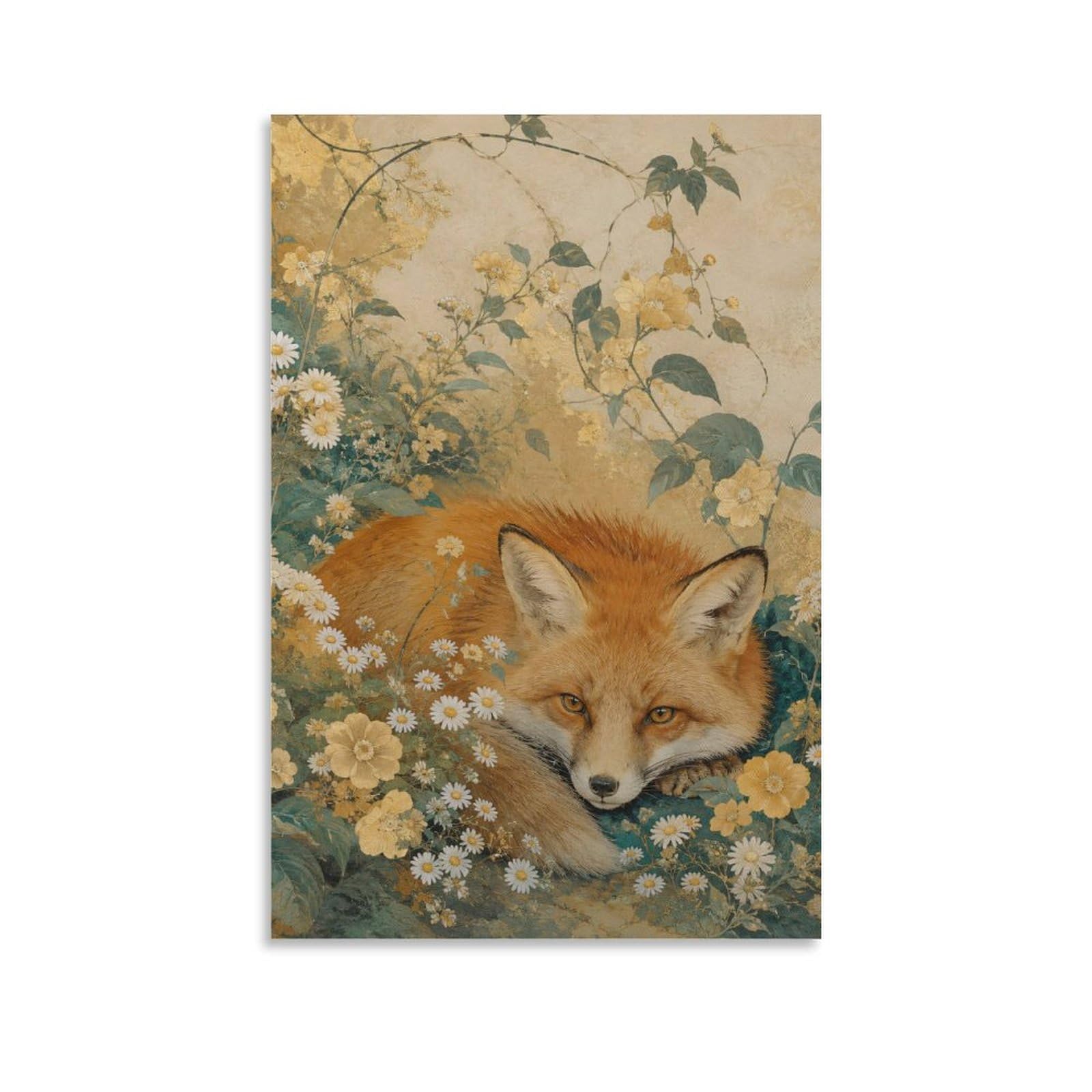 W7C8U2X3 Fox Floral Meadow Canvas Wall Art, Woodland Animal Wall Art