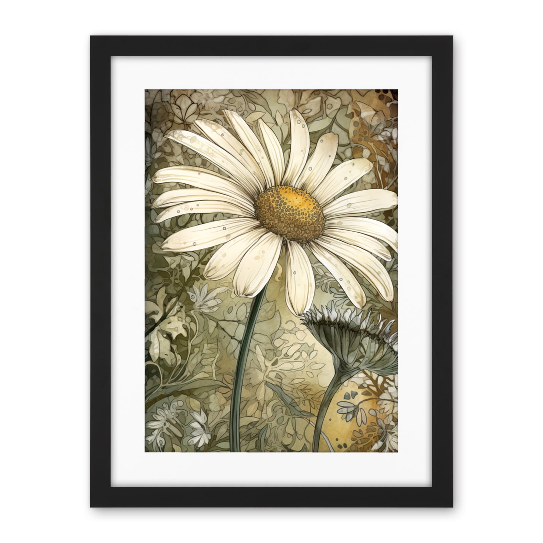 Artery8 Pastel Watercolour Daisy Flower Bloom Illustration Artwork Framed Wall Art Print 18X24 Inch