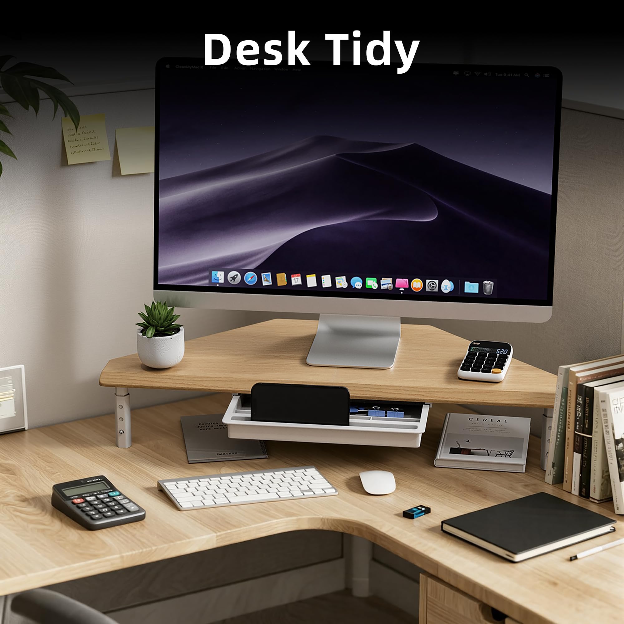 ETHU Supporto triangolare per monitor con cassetto, regolabile in altezza, per PC/laptop, supporto ergonomico per computer desktop, supporta 20 kg, rovere