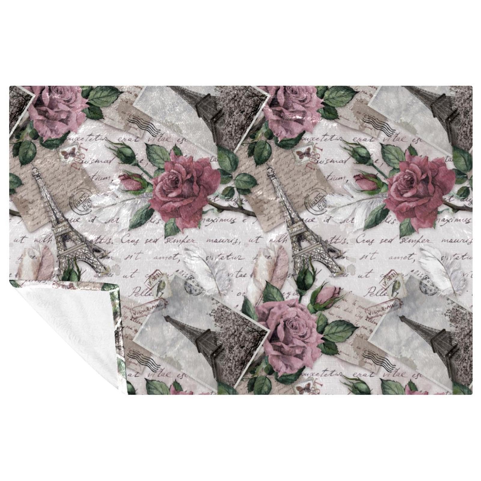 Jeté de lit doux Tour Eiffel imprimé roses 150x100 cm pour plaid canapé et camping chaud