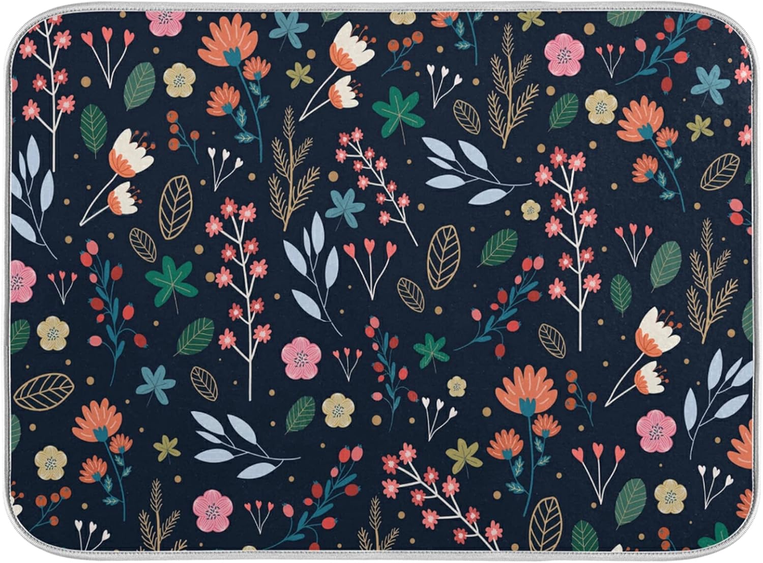 Dish Drying Mat for Kitchen Counter Colorful Flowers Black Absorbent Drying Matt for Dishes Sink Countertop 16'' x 18'' 16" x 18" 1Vintage Flower
