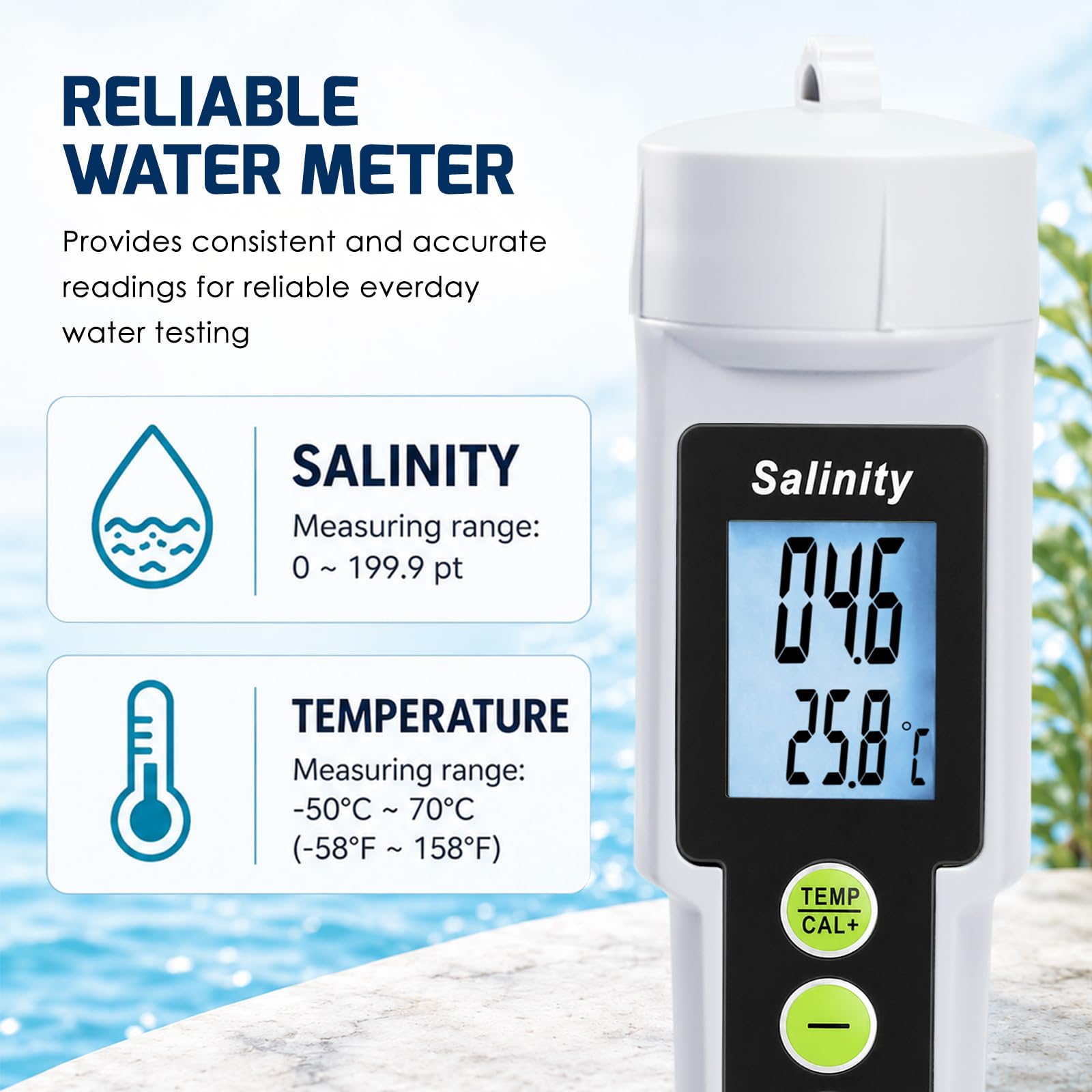 TEKCOPLUS Testeur de salinité 2 en 1 0–199,9 PPT avec ATC, testeur de salinité et de température numérique pour aquarium, réservoir marin, étang à poissons et piscine, eau de mer salée, hydroponie