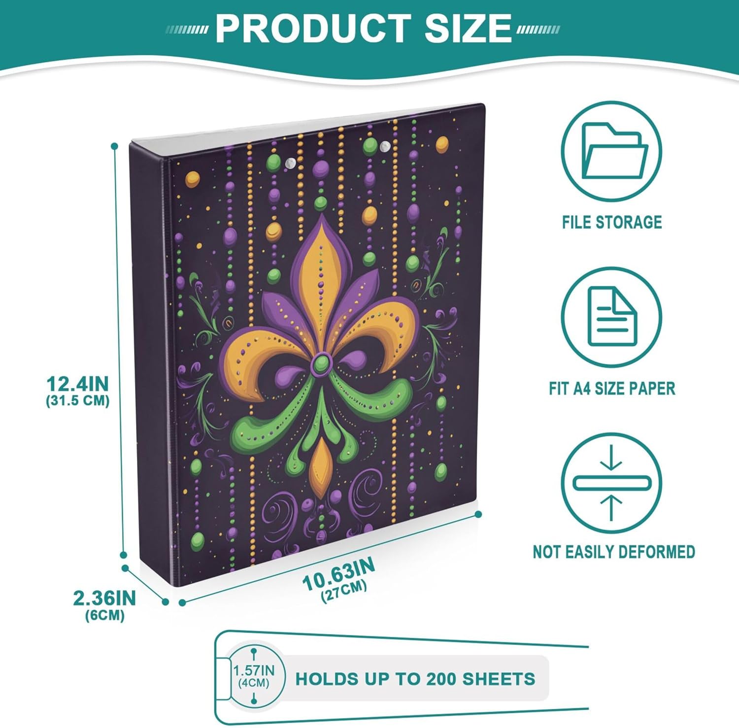 Fleur De Lis Mardi Gras 3 Ring Binders, 1.5” Round Ring Binders with Clipboard - Letter Size, 3 Interior PVC Clear Pockets & Anti-Slip Clip for Office School Supplies, 2PCS