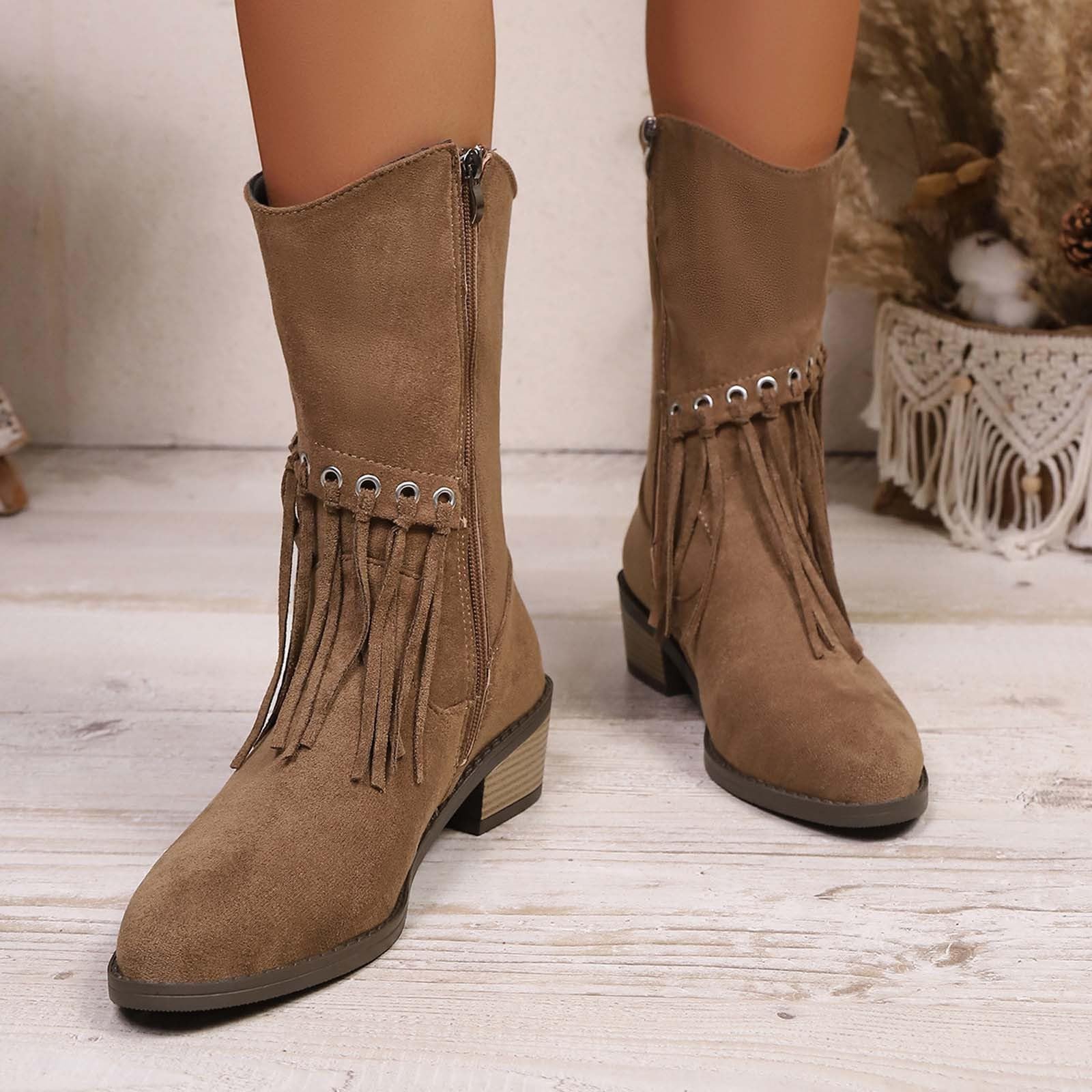 Botas por Encima de la Rodilla Botas de Media caña con Cremallera Lateral y Flecos: Botines Estilo Western para Uso Diario.