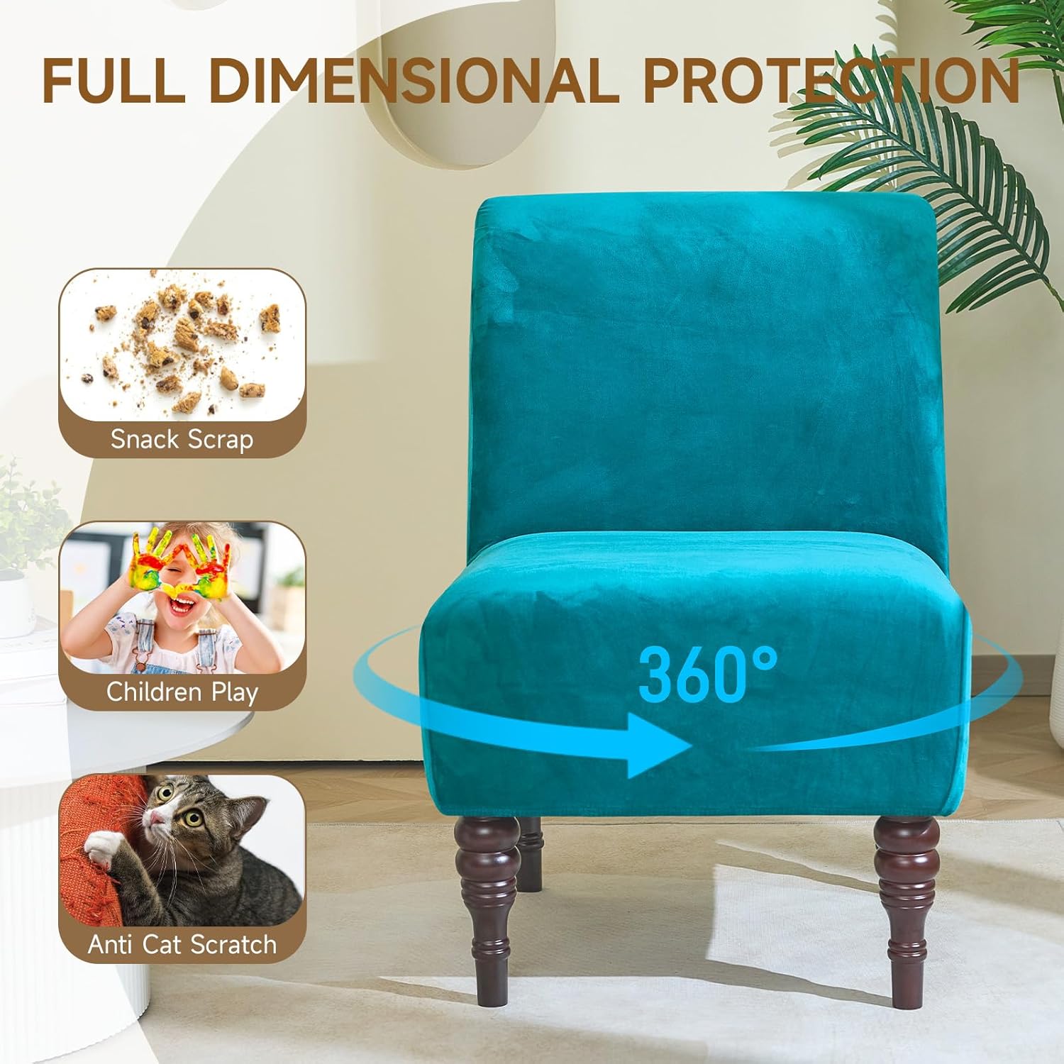 Velvet Armless Accent Chair Cover, Soft Stretch Accent Chair Slipcovers Without Arms Removable Armless Chair Furniture Protector Covers for Living Room/Dining Room/Hotel (Peacock Blue, 1)