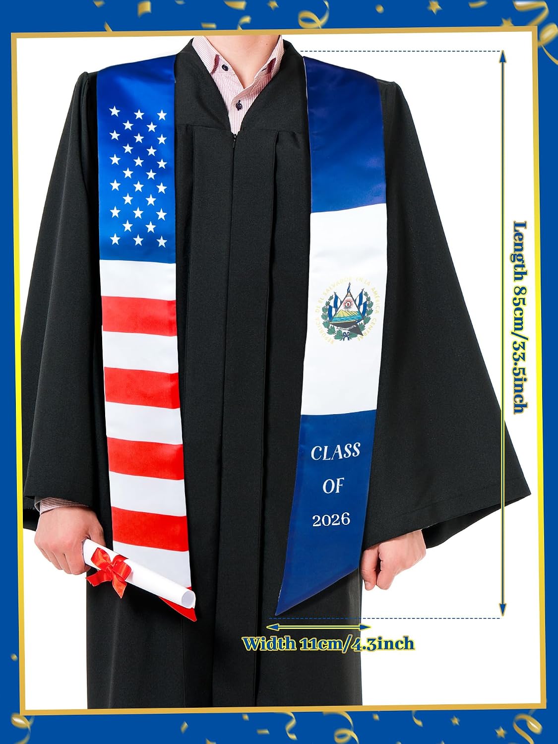 Sasylvia El Salvador and USA Graduation Stole Sash Class of 2026 International American Flag El Salvador Countries Stole Sash for Study Abroad International Student