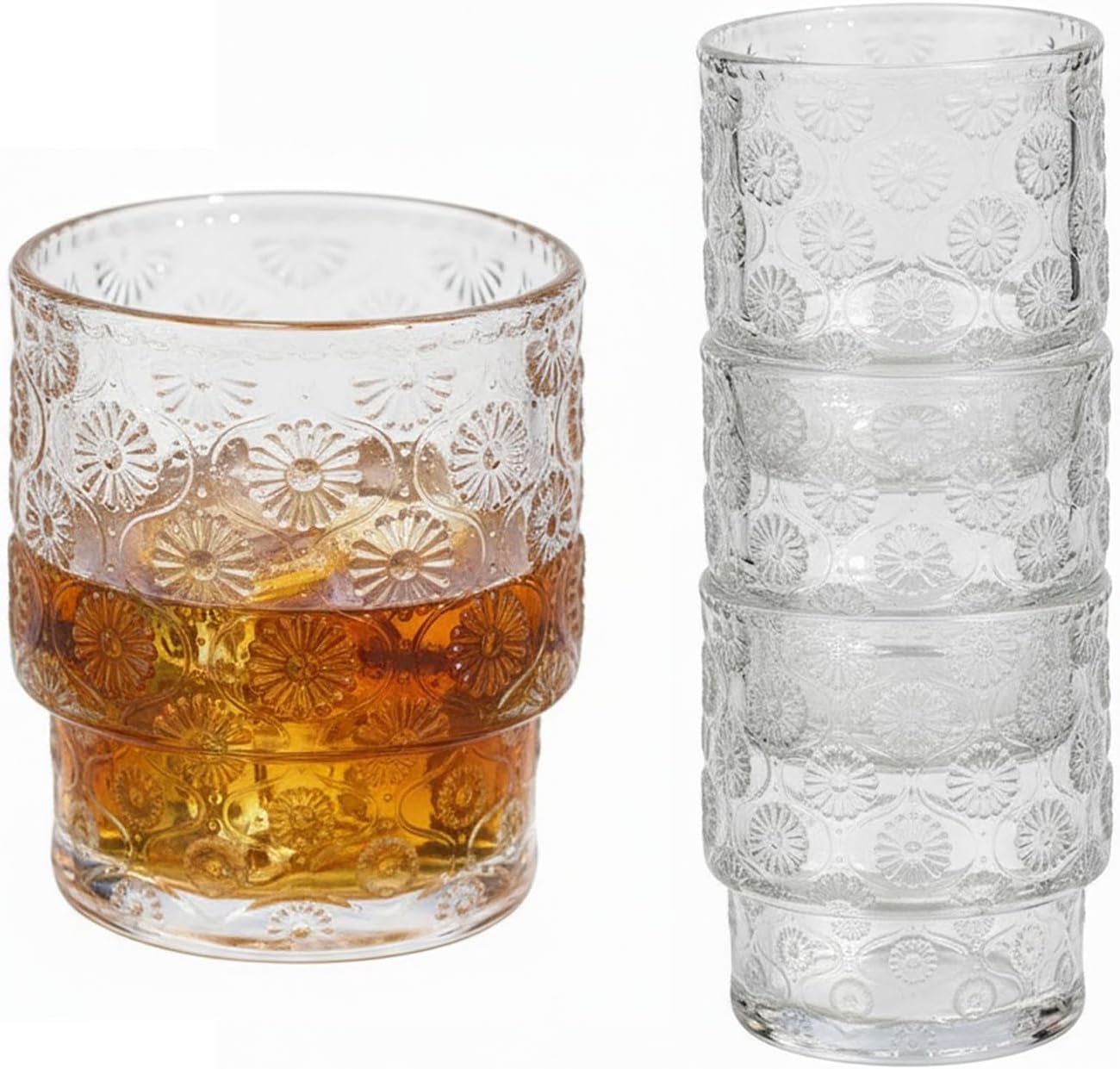 4 Pack 9oz Ribbed Glassware Set, Flower Design Vintage Drinking Glasses, Embossed Romantic Water Glass Tumbler Great for Beer Juice Cocktail Wine (Full Flower)