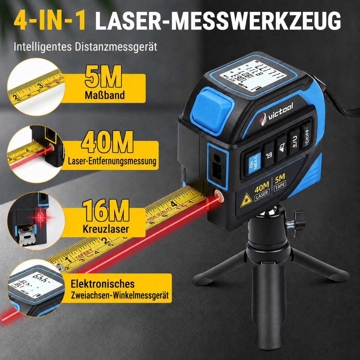 4-in-1 Laser Maßband 40m + 5m Bandmaß, Wiederaufladbarer Laser-Entfernungsmesser mit Wasserwaage und Kreuzlaser, IP54 Wasserdicht Digital Massband, für Heimwerker und Profis