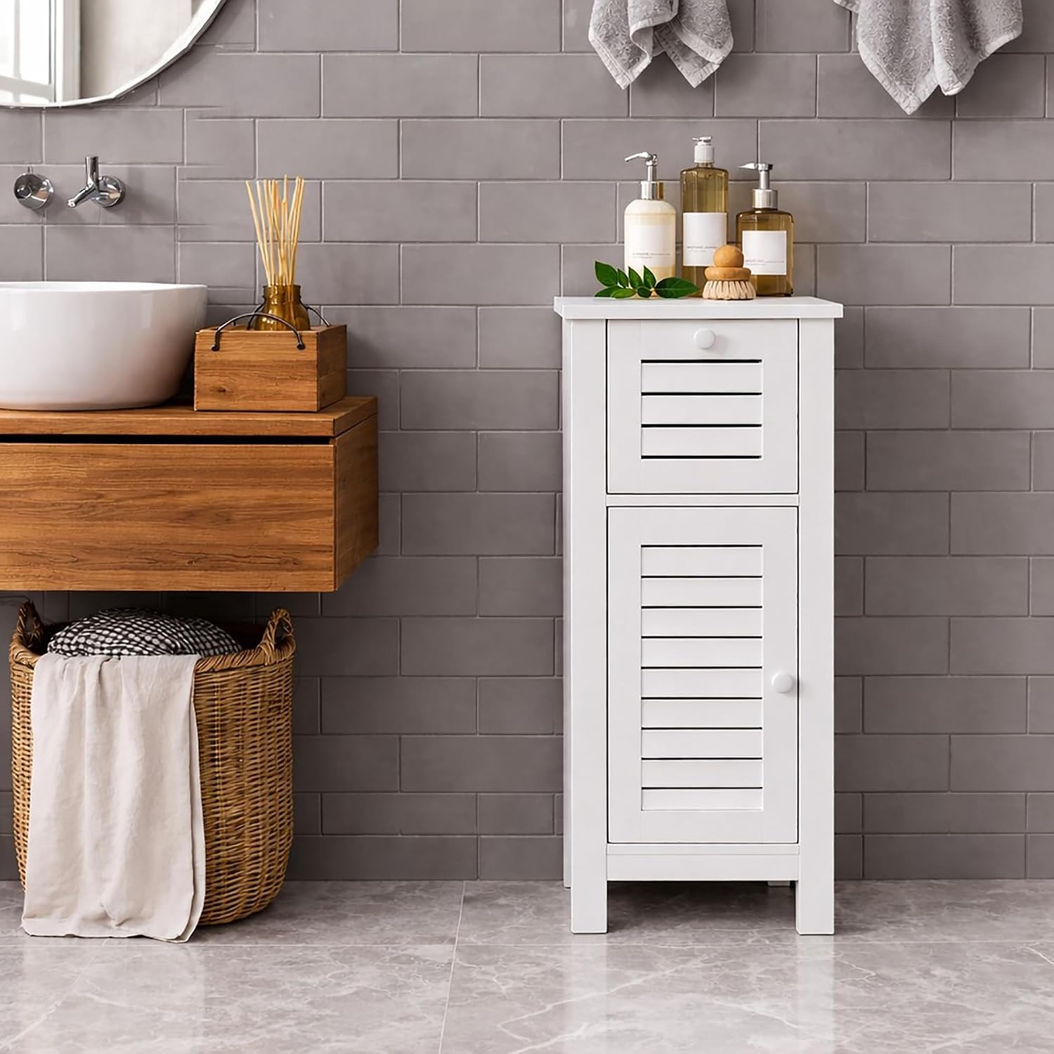 EVIDECO French Home Goods Compact White Bathroom Storage Cabinet with Drawer and Vented Door, Freestanding Linen Cabinet for Small Spaces, Santorin Collection