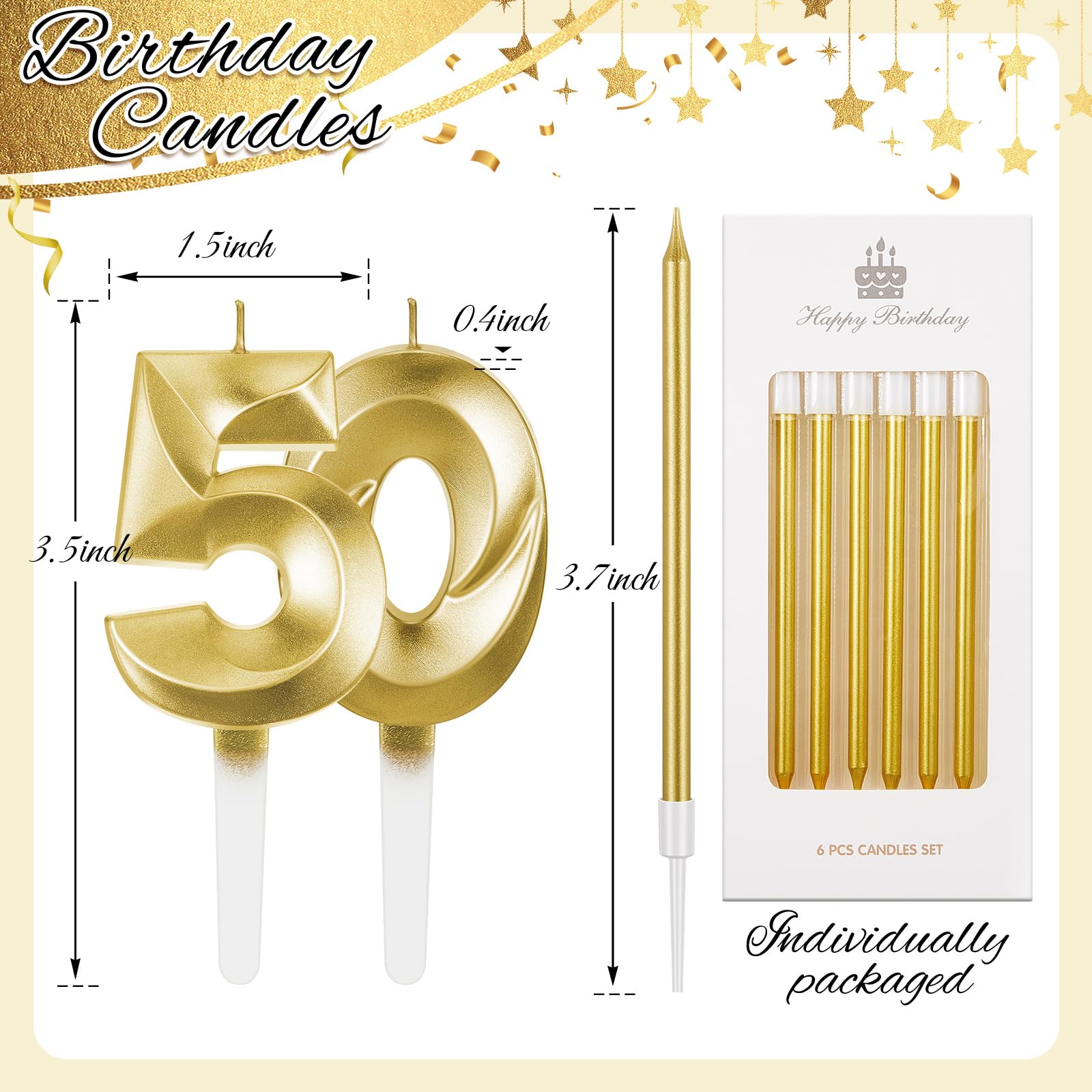 Mtlee Birthday Candles Set for Cakes Including Thin Metallic and Number Birthday Candles for Anniversary Celebration Party Topper Decorations Men Women(Gold,50)
