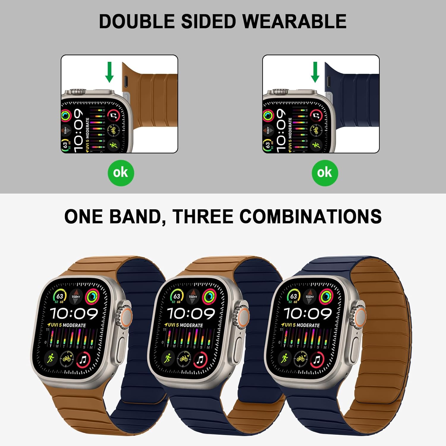 Tasikar Double Sided Wearable Magnetic Band Compatible with Apple Watch 49mm 46mm 45mm 44mm 42mm 41mm 40mm 38mm, Soft Silicone Sport Strap Loop for iWatch Ultra 3 2 1 SE Series 11 10 9 8 7 6 5 4 3 2 1, Brown Indigo - Image 3