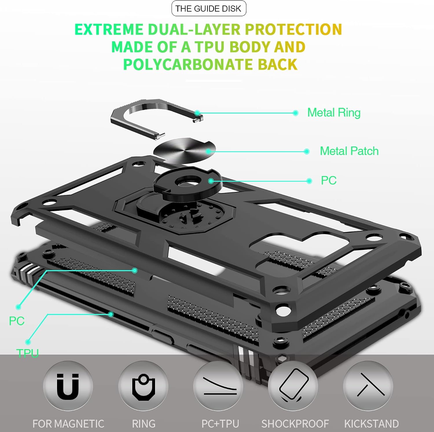 Compatible for Samsung Galaxy Note 9 Case 6.4 Inch with HD Screen Protector, Gritup [Military-Grade] Shockproof Protective Phone Case with Magnetic Kickstand Ring for Samsung Note 9 Black