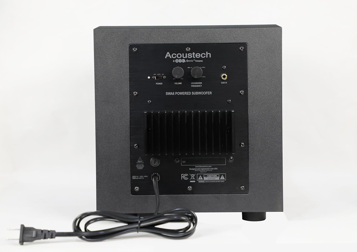 Rear panel of the Acoustech SWA8 Powered Subwoofer, showing input/output ports and control knobs.