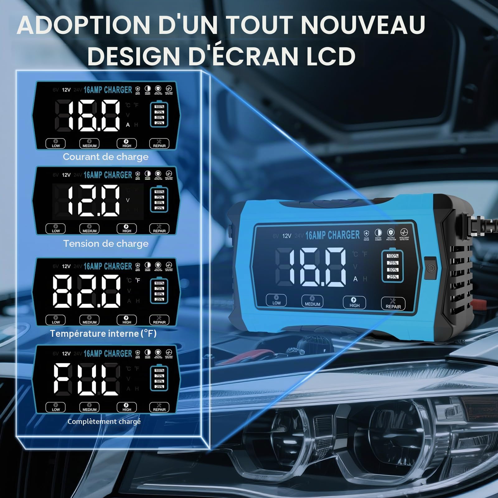 Haisito Chargeur de voiture 16 A, 12 V, 16 A, 24 V, 10 A, batterie au lithium LiFePO4, chargeur au plomb acide (AGM, SLA etc.) avec fonction de charge à 10 niveaux, écran LCD pour voiture