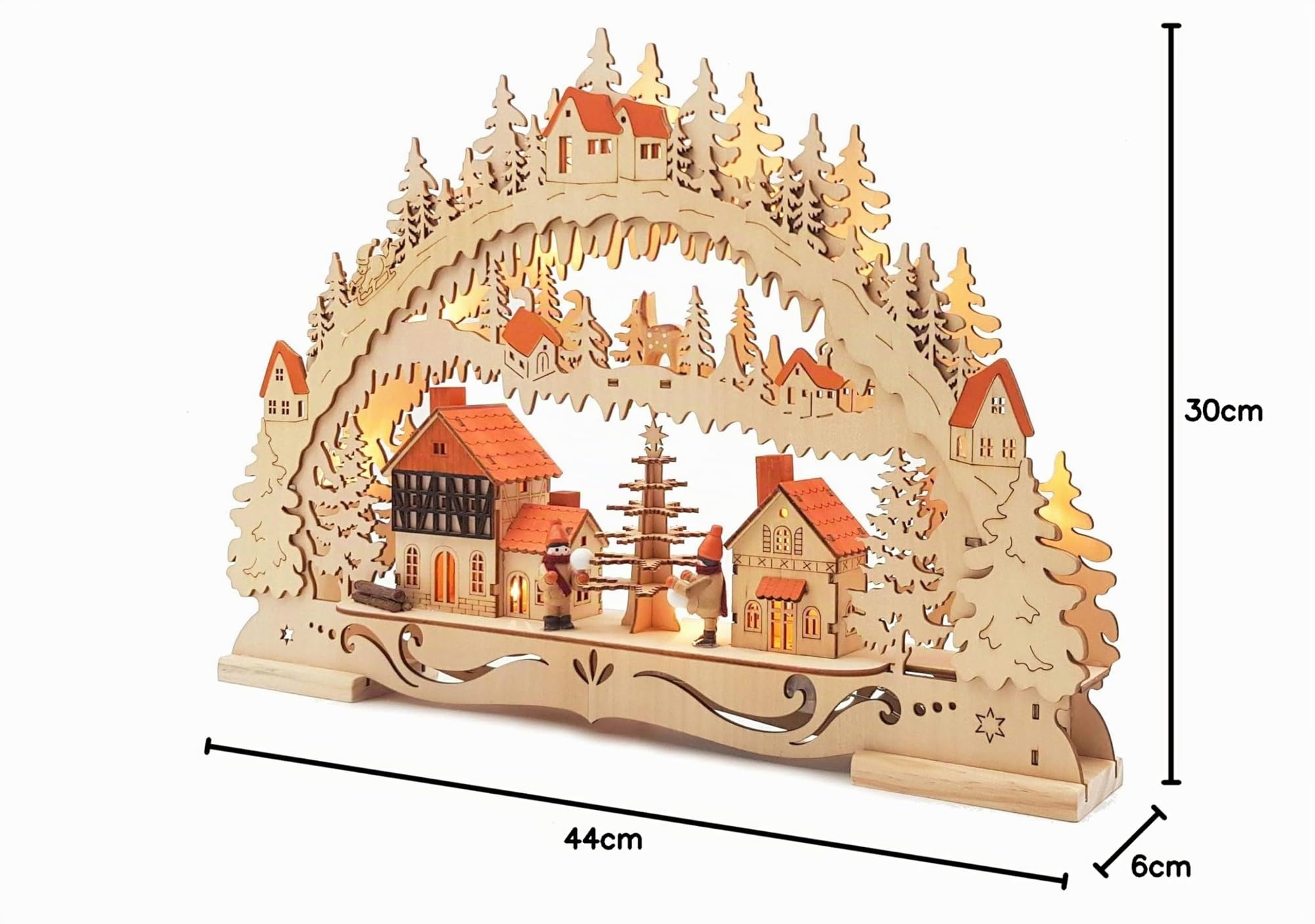 Wichtelstube-Kollektion Holzkunst LED Schwibbogen Weihnachtsstadt Schwippbogen Lichterbogen, Weihnachtsdeko Fensterbank Echtholz, Batteriebetrieben mit Timer, 44cm Breite