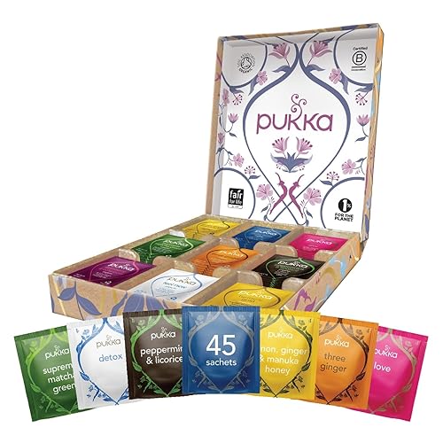 Pukka Muestra de té de hierbas, té orgánico, ecológico, caja de regalo de cuidado personal, 45 bolsas de té, 9 sabores