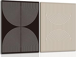 Modern Abstract Line Wall Art Set of 2, Mid Century Black and Beige Wall Decor, Minimalist Boho Poster Canvas Prints Aesthetic Picture for Bedroom Living Room 12x16 inch Framed