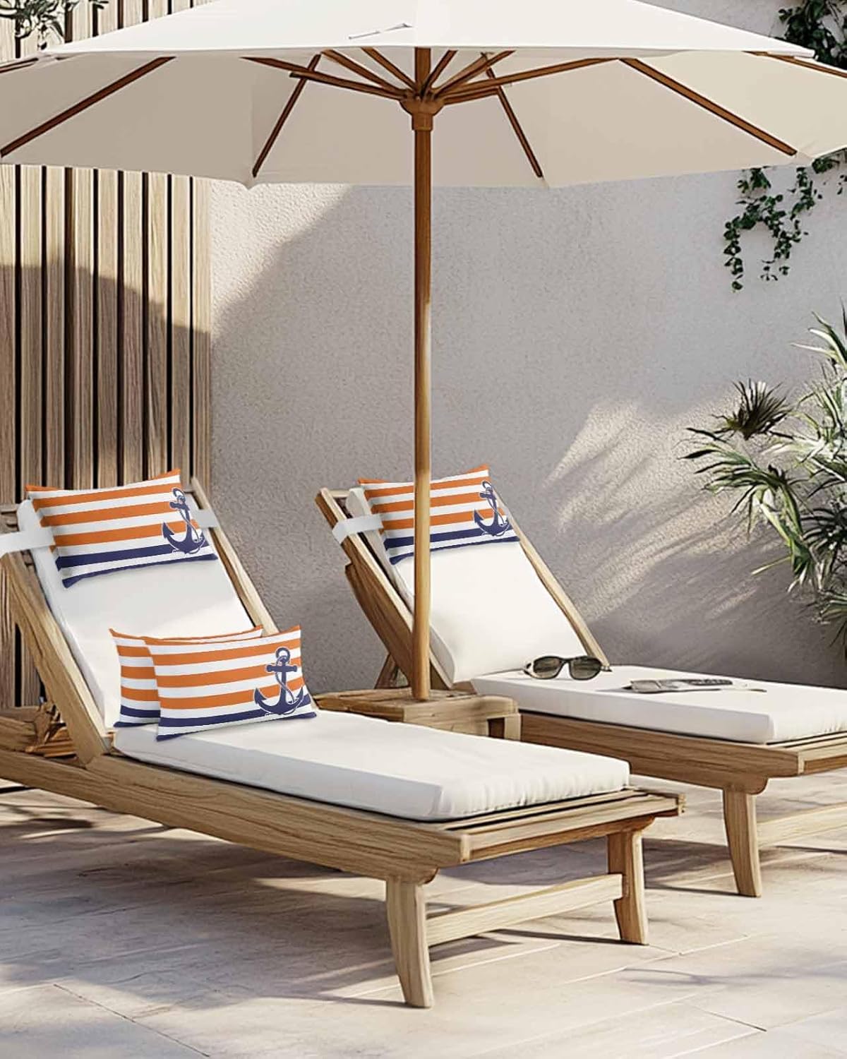 2 Packs Anchor Orange Outdoor Chaise Longue Throw Pillow Covers Waterproof with Elastic Band,Beach Pool Lumbar Decorative Pillowcase Cushion Sham Modern Navy Blue White Striped Nautical 12x20