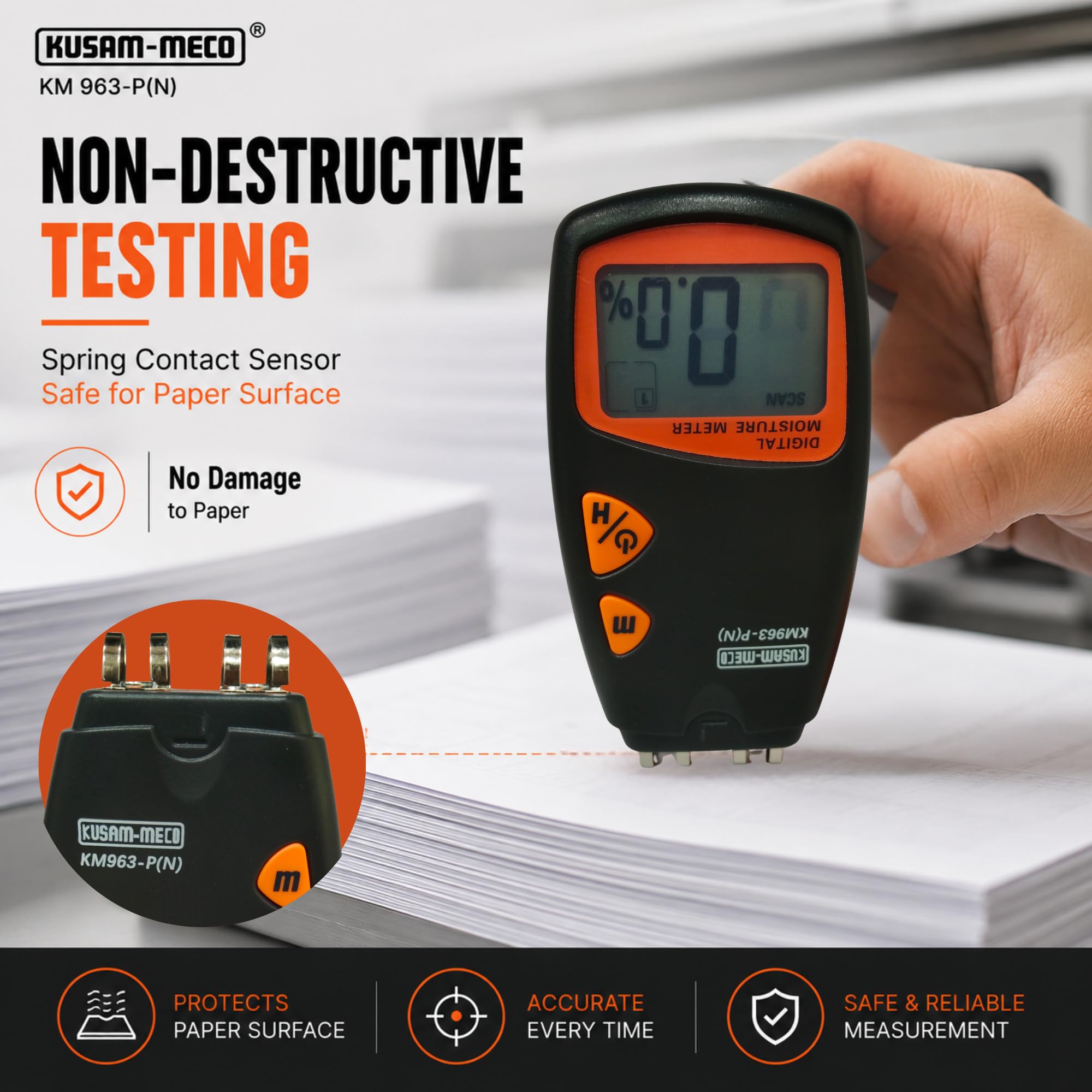 Kusam Meco KM 963-P(N) Digital Paper Moisture Meter with LCD Display, 2%-40% Range, ±0.5% Accuracy, Auto Humidity Compensation, 1 Year Warranty, MCU Based Moisture Tester 2
