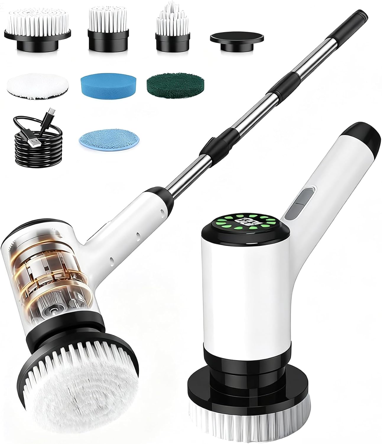 Electric Spin Scrubber, Cordless Cleaning Brush with 7 Replaceable Brush Heads, 2-Speed Adjustable Handle Shower Scrubber, IPX7 Waterproof for Bathroom, Tub, Tile & Floor, Teens, White-qb1...