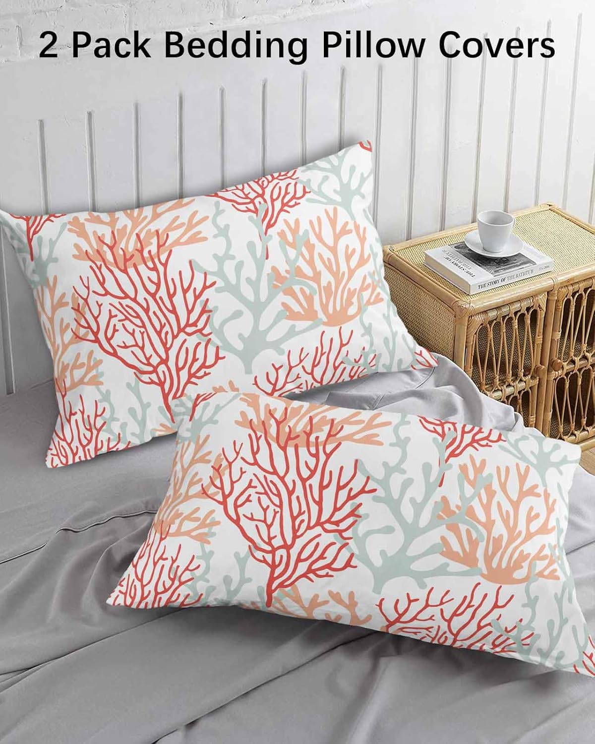 Orange Coral Coastal Standard Pillow Cases Set of 2, Soft Breathable Pillow Covers with Envelope Closure Decorative Pillow Shams for Bed Sofa Couch Chair 2PCS 20"x26" Grey Summer Ocean Life