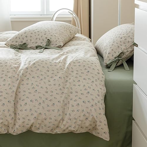 Miniatura 6 de VM VOUGEMARKET - Juego de funda de edredón tamaño Queen, 100% algodón, 3 piezas, para niña, floral, verde, con cierre, estilo campestre romántico +