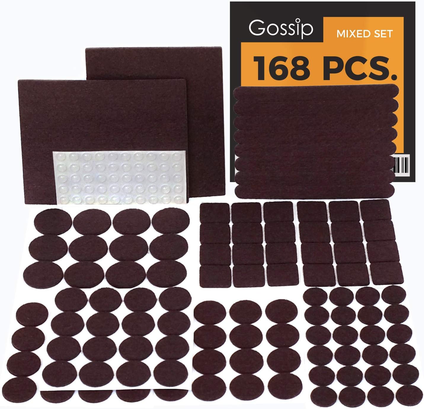 GOSSIP Furniture Felt Pads Brown - 168 Pcs Set Value Pack, Heavy Duty Adhesive Felt Pads for Furniture Feet, Chair Leg Sliders, Assorted Sizes with Noise Dampening Bumpers