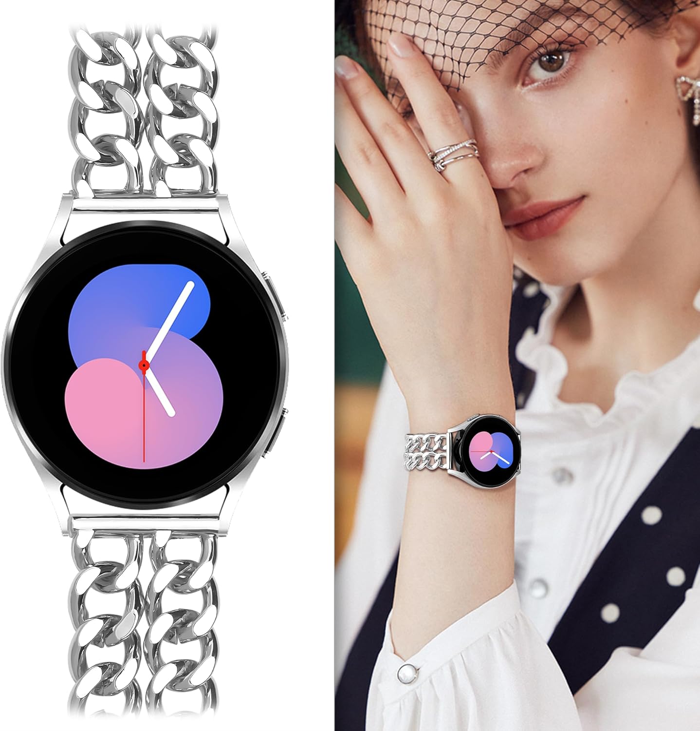 Galaxy Watch 7 6 5 4 FE Band 20mm Chain for Samsung Galaxy Watch 4 5 6 7 Band 40mm 44mm, Women Metal Strap for Samsung Watch Bands/5Pro/4 6 Classic/3 41mm/Active 2-Silver - Image 2