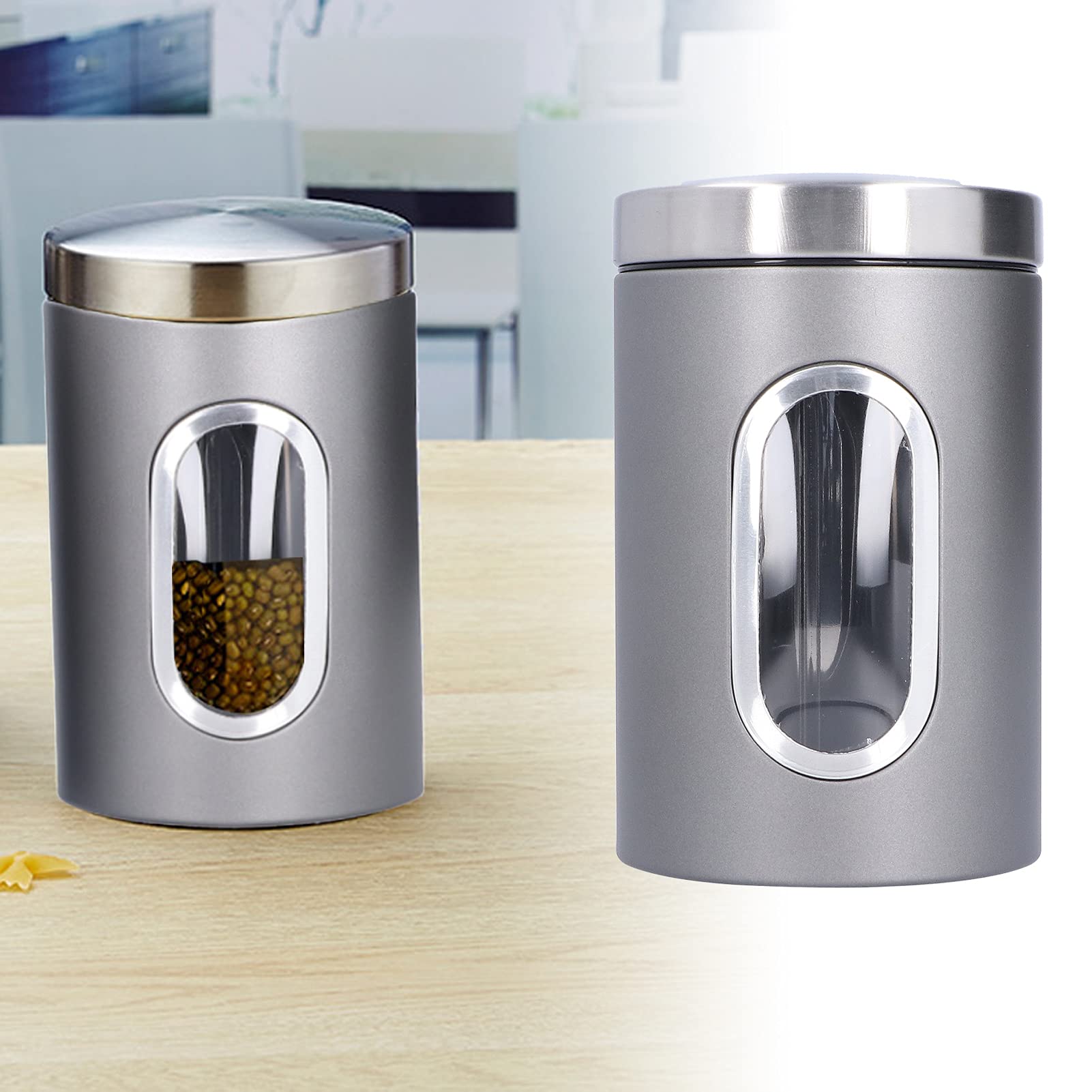 3-teiliges Vorratsglas, Edelstahl-Kanister-Set, Luftdichter, Langlebiger Lebensmittel-Tee-Nuss-Behälter Mit Fenster, Langlebig Und Großes Fassungsvermögen Für Küche, Zucker, Kaffee(Grau)