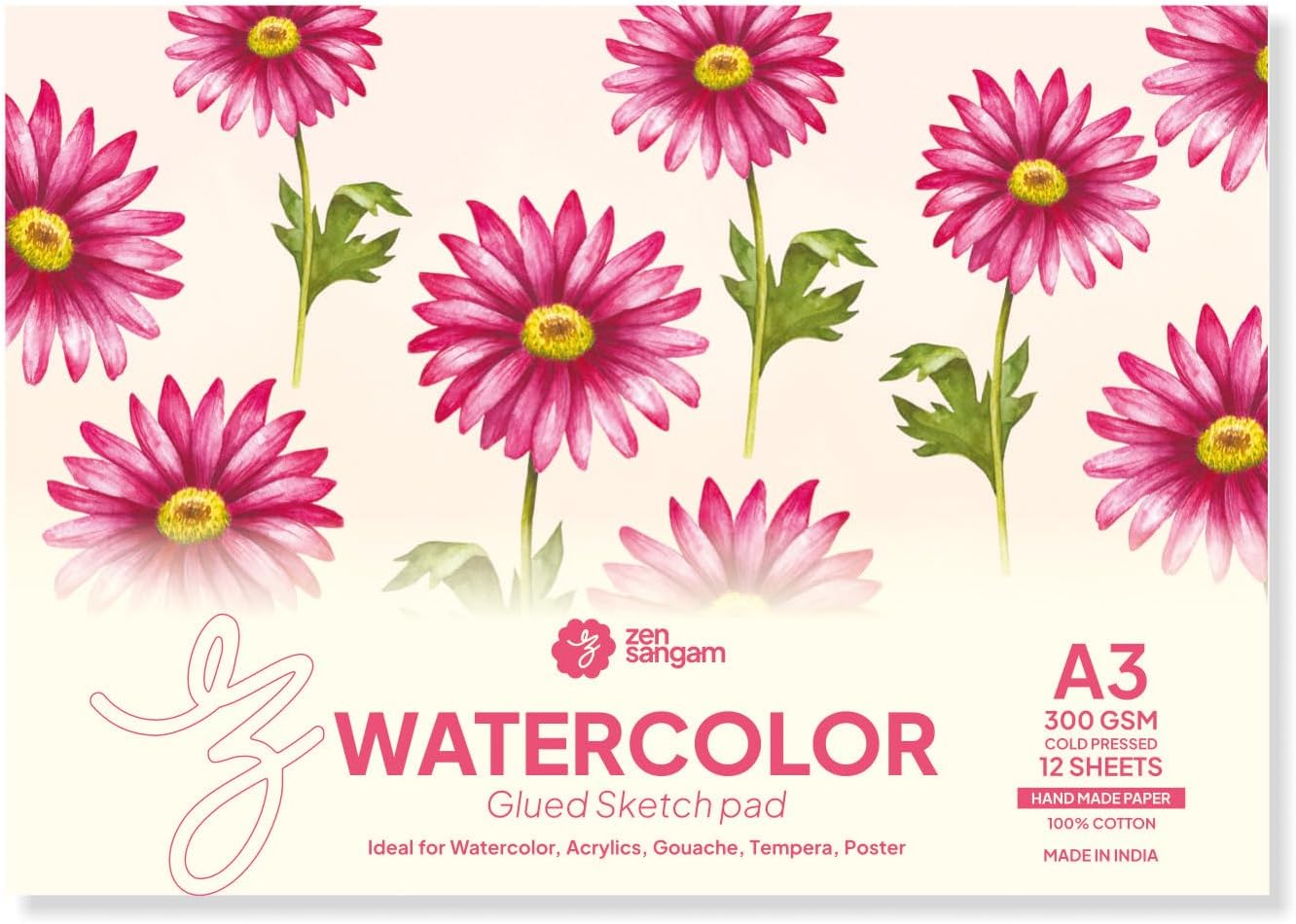 Zen Sangam Artists’ - A3 Watercolor Glued Sketch Paper Pad - 300 GSM - 100% Cotton Handmade Papers - (12 Sheets) - Rough Grain Surface - Size (42x29.7cm)