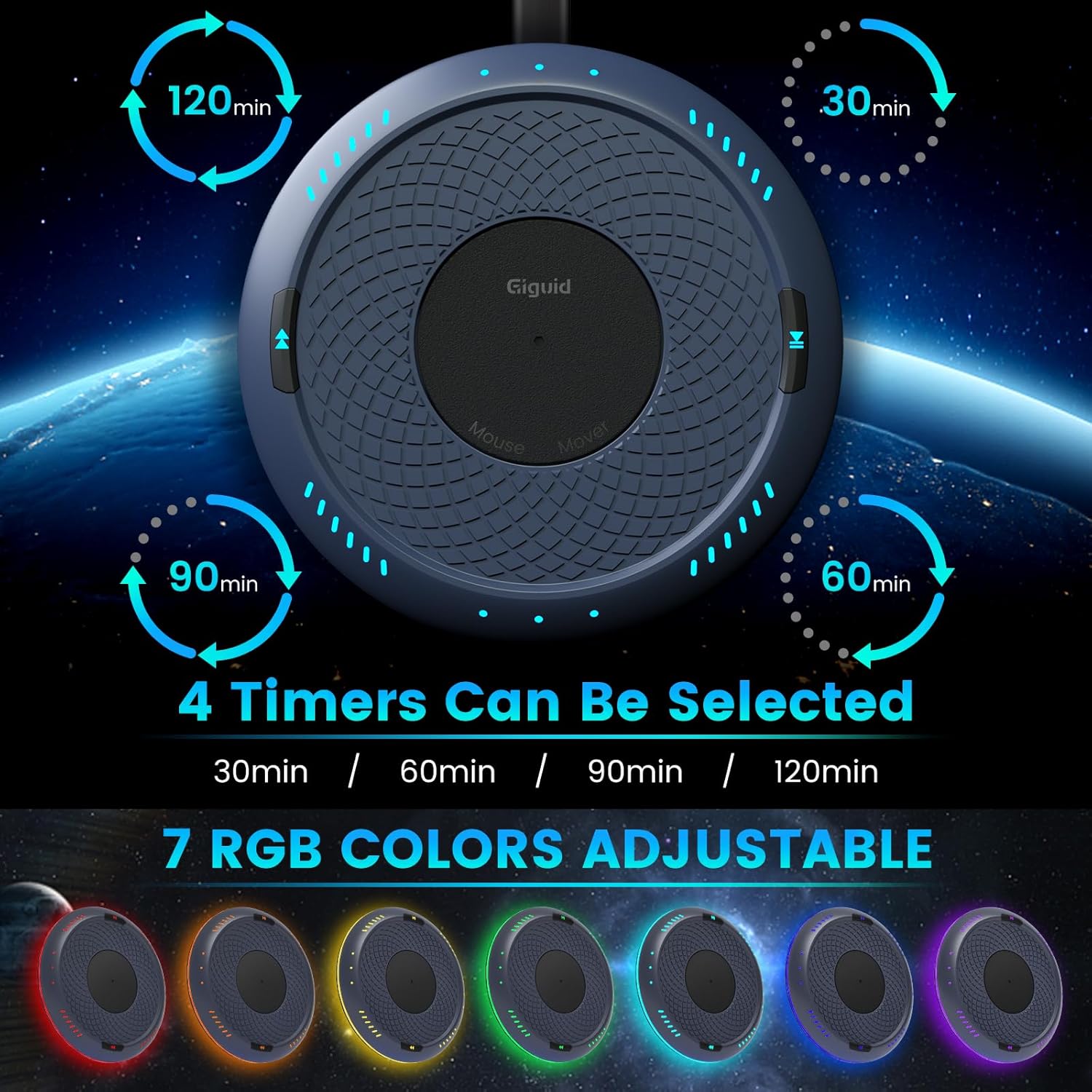 Giguid Mouse Mover showing timer and RGB light controls.