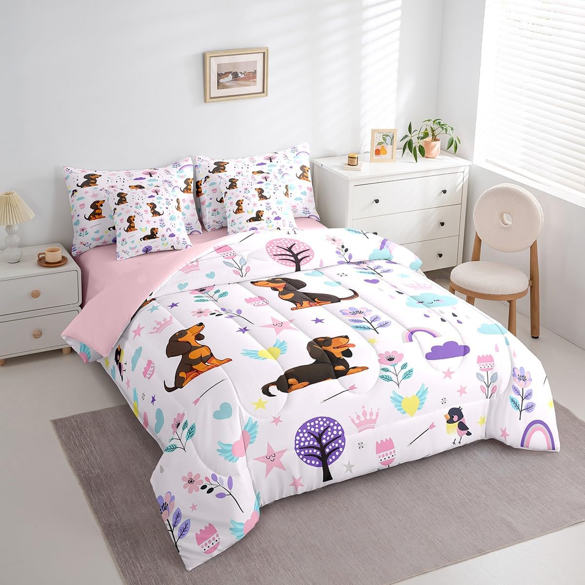 Erosebridal 7Pcs Floral Dachshund Kids Bedding Set for Boys,Queen Size Comforter Set with Sheets and Pillowcase,7Pcs Bed in a Bag,Cartoon Animal Children Bed Set, Cute Flower Comforter