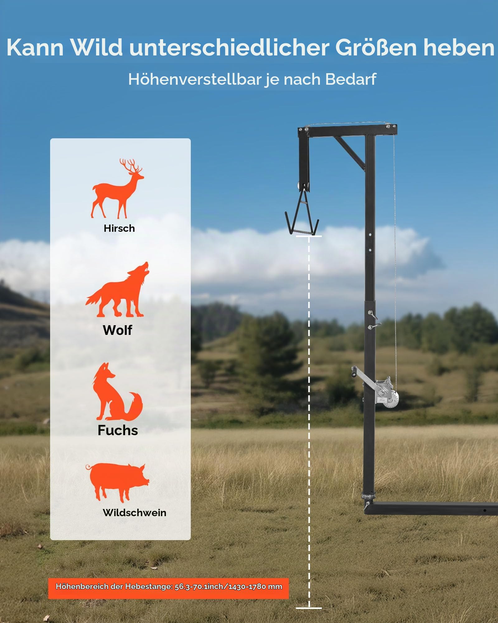 VEVOR Game Hoist mit Seilwinde & Gambrel, 136 kg Tragkraft, LKW-Wildhebezeug mit 5,08 cm Empfänger, 360-Grad-Schwenkschaft & einstellbarer Höhe, zum Häuten & Säubern von Wild im Jagdspiel