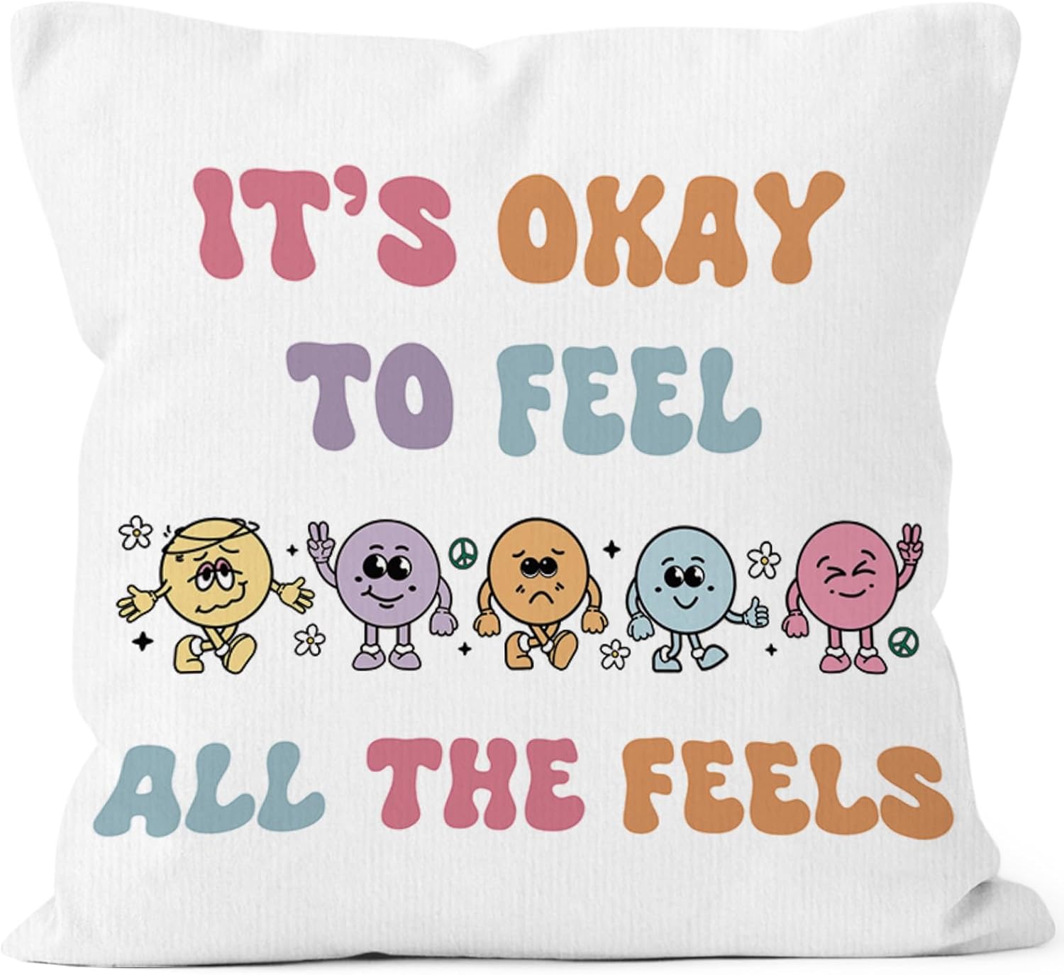 Colorful Retro Mental Health Throw Pillow Covers 18×18, Preppy Inspirational Motivational Decor Pillow Cases for Classroom Girls Dorm Room Bedroom, It’s Okay to Feel All The Feels Pillowcases