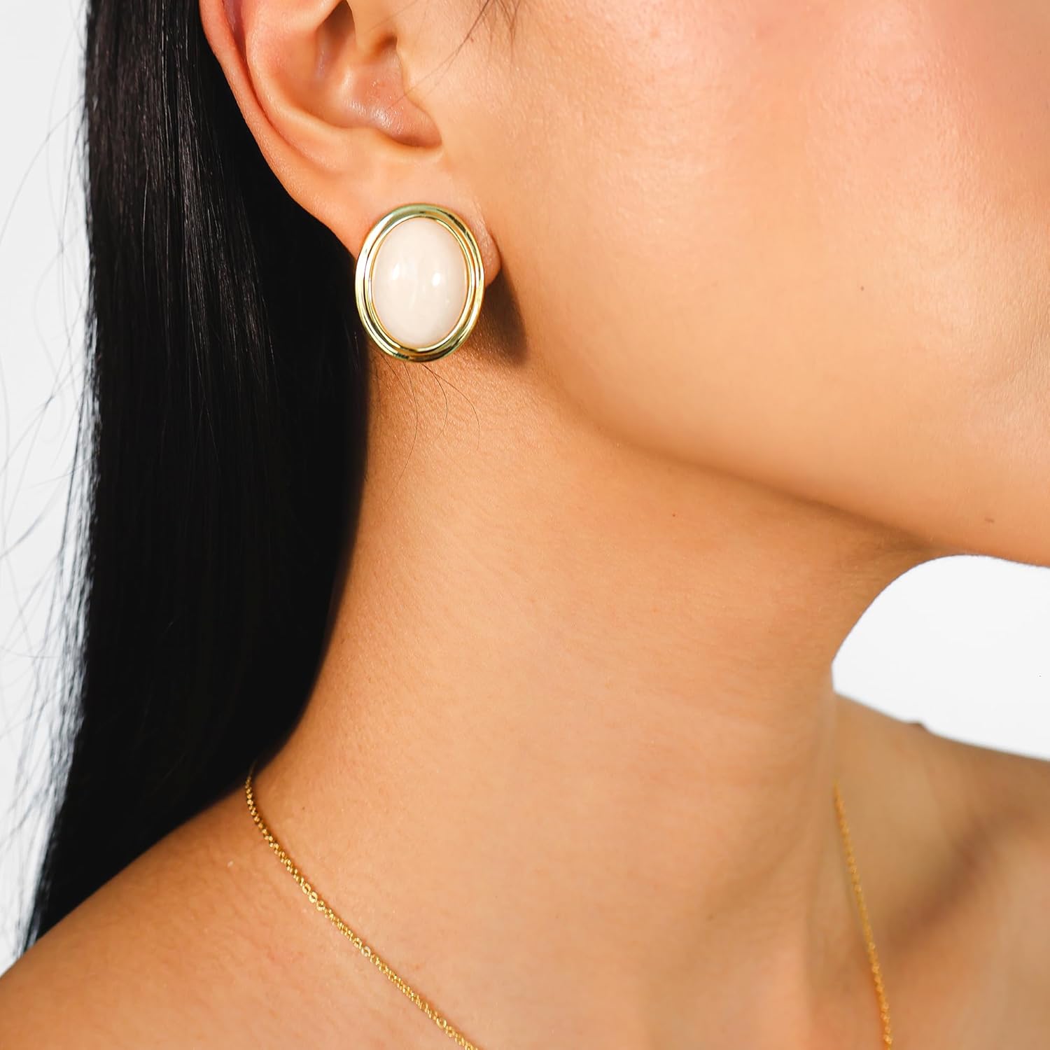 Layered Maeve 18k Gold Plated Clip-On Earrings for Women – Large Oval Natural Cream Opal Statement Studs – Non-Pierced Vintage Style Jewelry