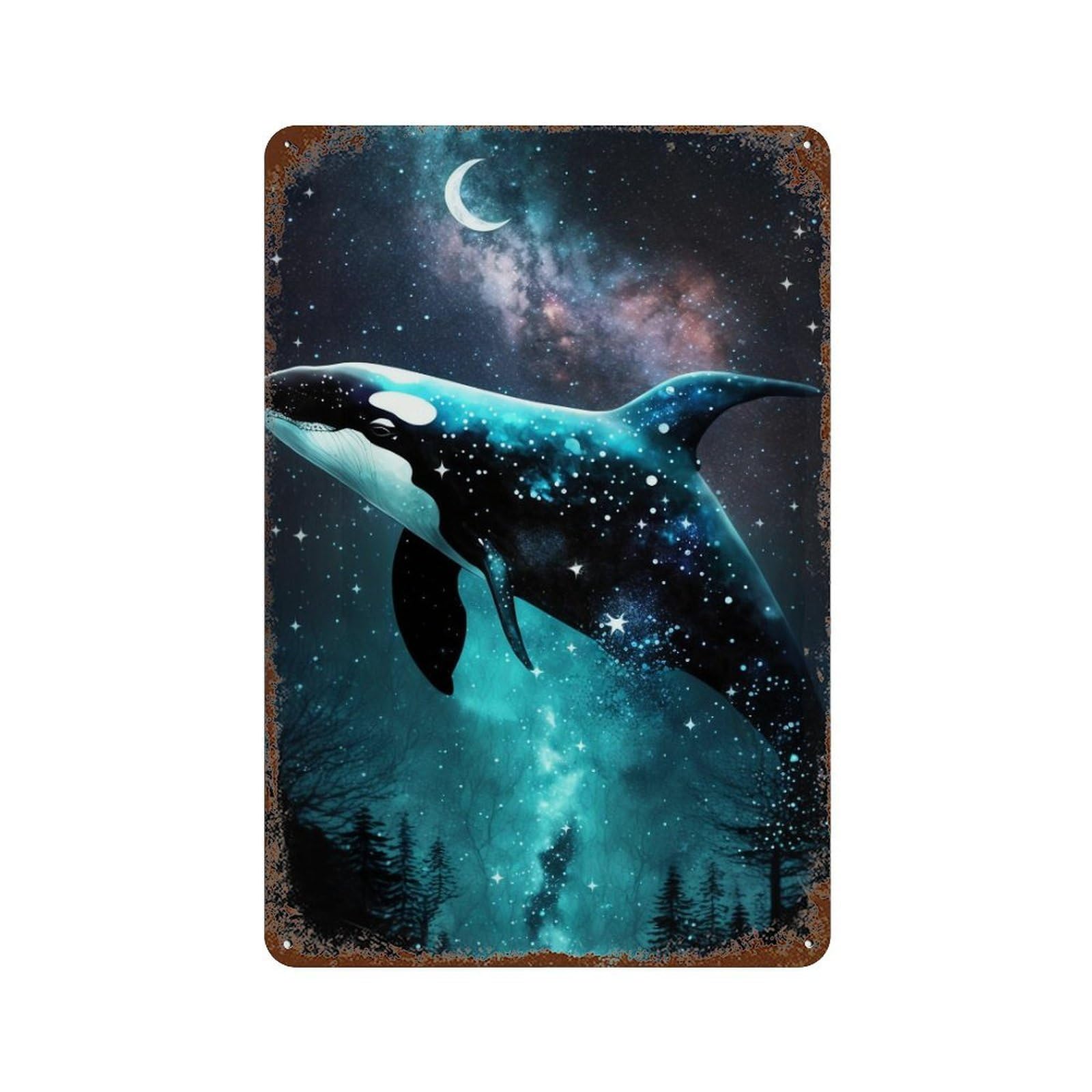 Garage Style Whale in Starry Sky Rust Effect Tin Sign 11.8"x7.9", Rustic Home Decor for Bar And Workshop